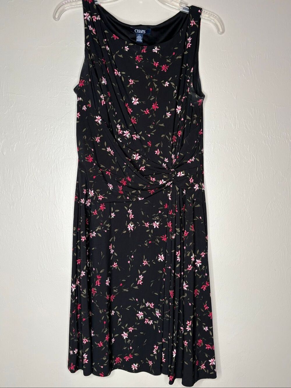 Chaps Women's Large Black Floral Rouched Waist Sleeveless Fit & Flare Midi Dress